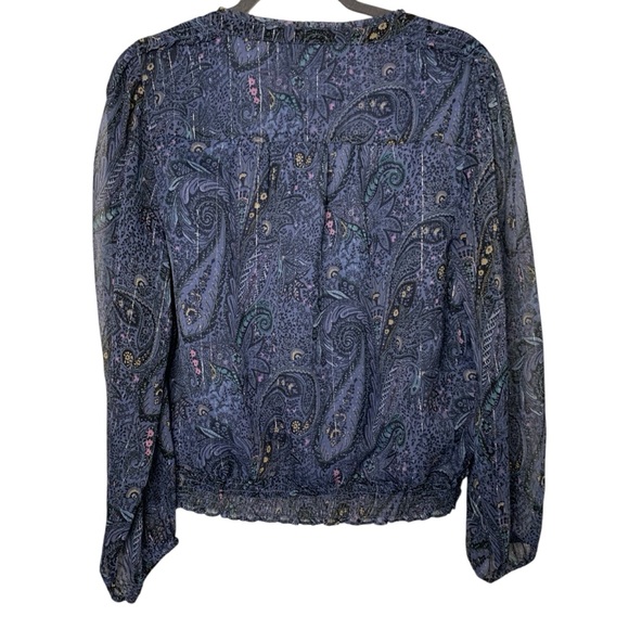 Lucky Brand Blue Paisley Floral Print Sheer Bubble Hem Puff Sleeve Peasant Top L - Picture 3 of 5